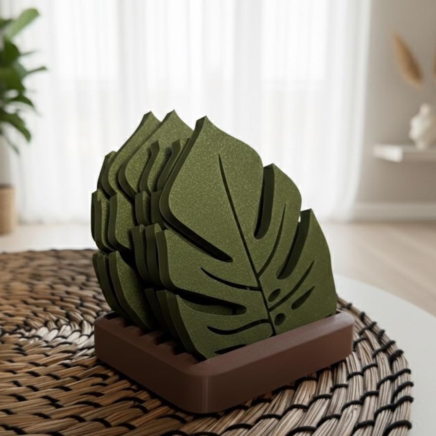 Monstera Leaf Felt Coaster Set | Tropical Decor with Holder | Set of 6