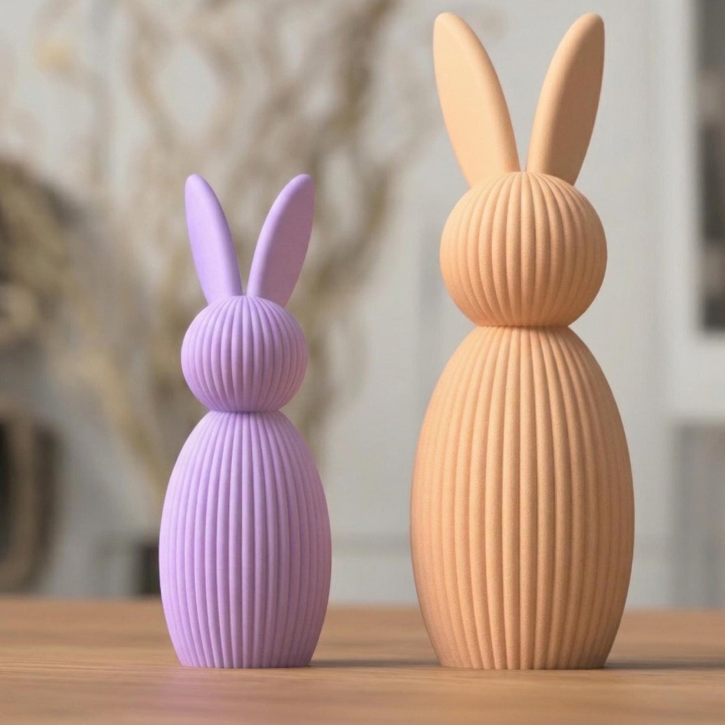 Minimalist Easter Bunny Decor, Modern Rabbit Statue Set, Scandinavian Spring Shelf Decor, Neutral Ribbed Bunny Ornament