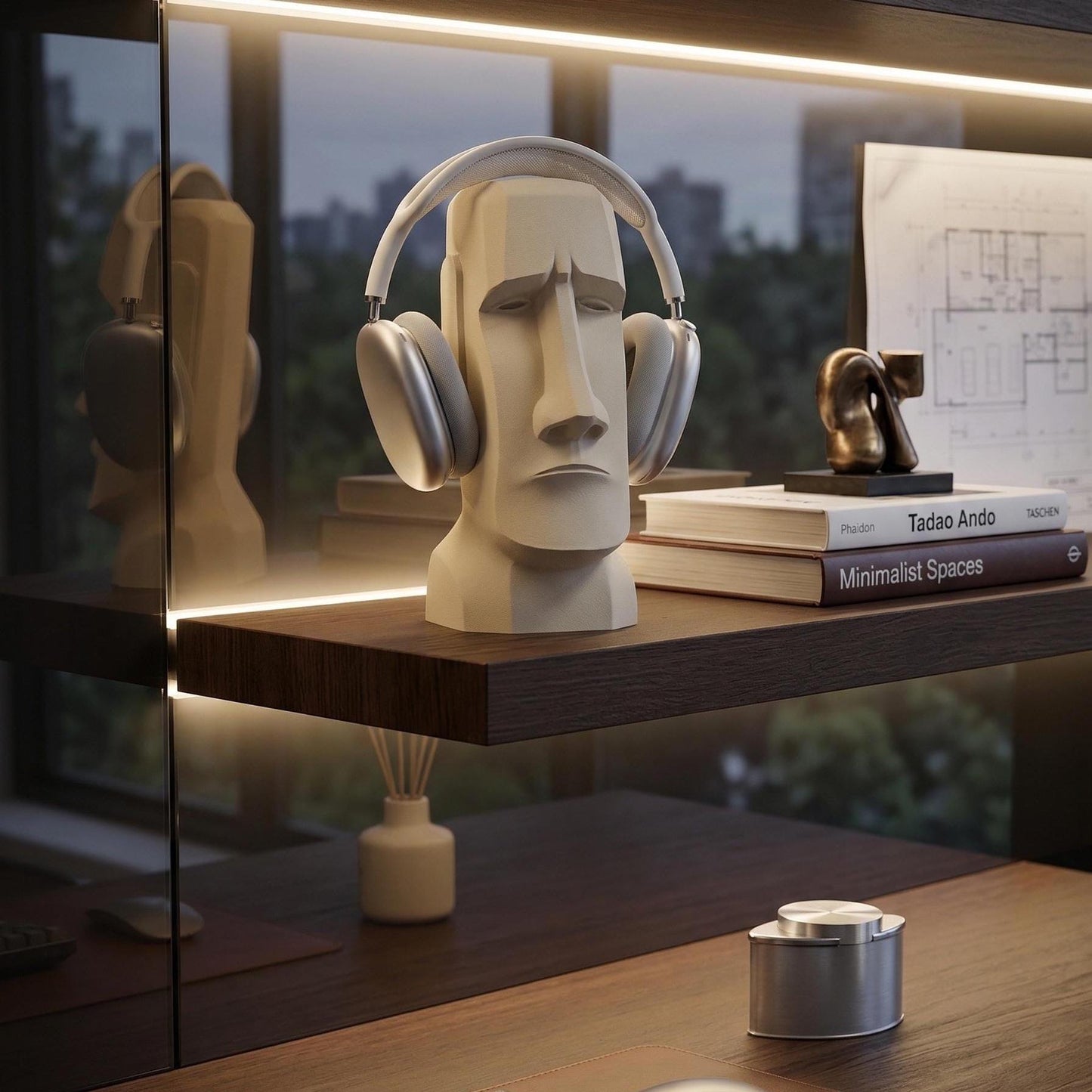 Moai Head Headphone Stand, Over Ear Headset Holder, Modern Desk Decor, Minimalist Sculpture Stand, Gift for Him