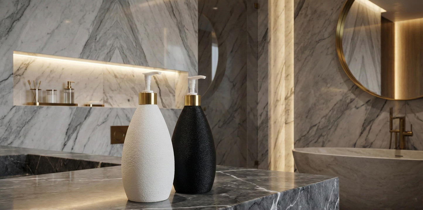 Modern Nordic Soap Dispenser Set of 2 | Minimalist Bathroom Decor | Matte Black + White Bottles