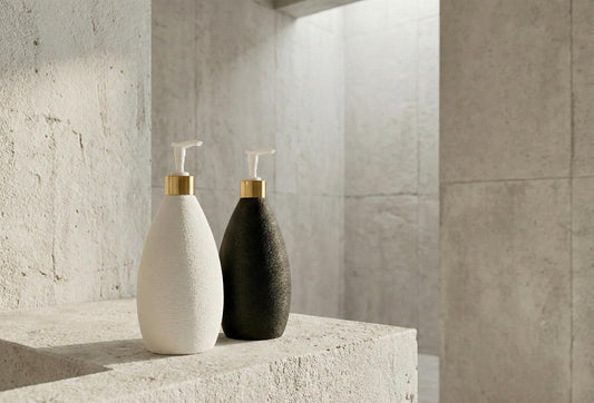 Modern Nordic Soap Dispenser Set of 2 | Minimalist Bathroom Decor | Matte Black + White Bottles