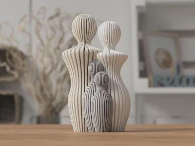 Modern Ribbed Family Sculpture – Minimalist Home Decor | Parent & Child Statue