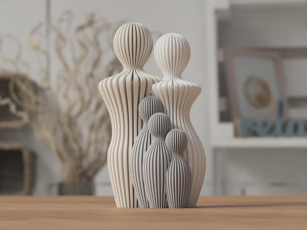 Modern Ribbed Family Sculpture – Minimalist Home Decor | Parent & Child Statue