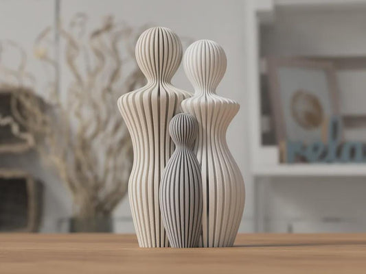 Modern Ribbed Family Sculpture – Minimalist Home Decor | Parent & Child Statue