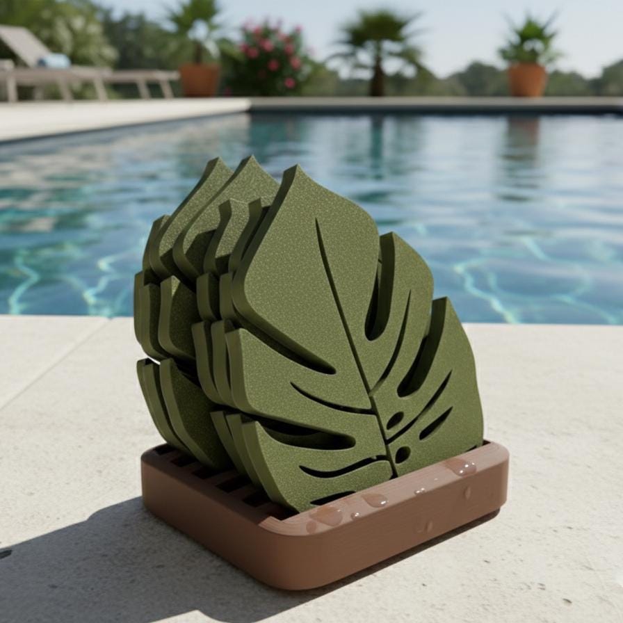 Monstera Leaf Felt Coaster Set | Tropical Decor with Holder | Set of 6