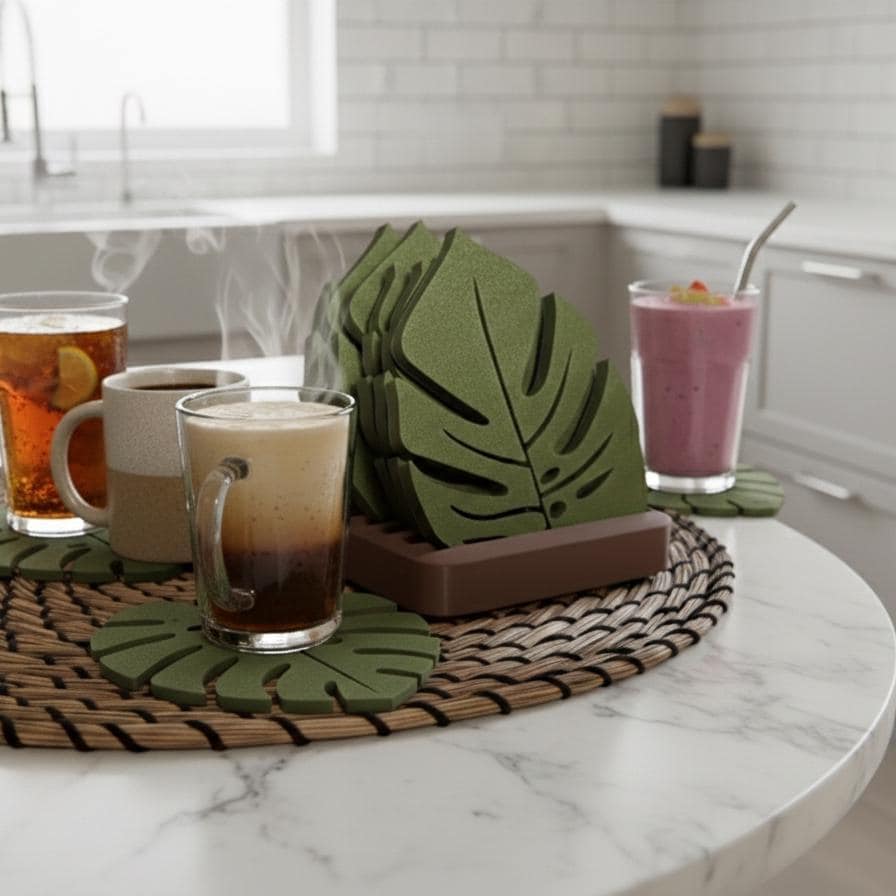 Monstera Leaf Felt Coaster Set | Tropical Decor with Holder | Set of 6
