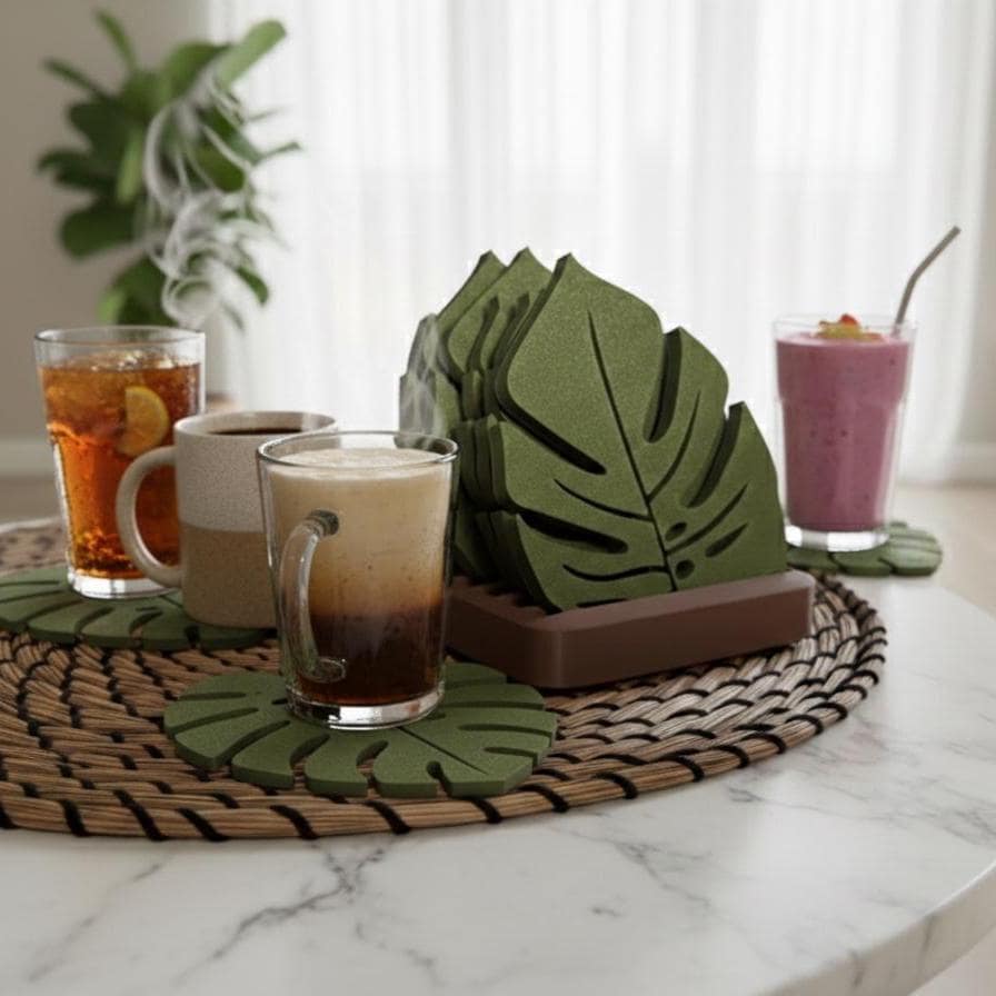 Monstera Leaf Felt Coaster Set | Tropical Decor with Holder | Set of 6