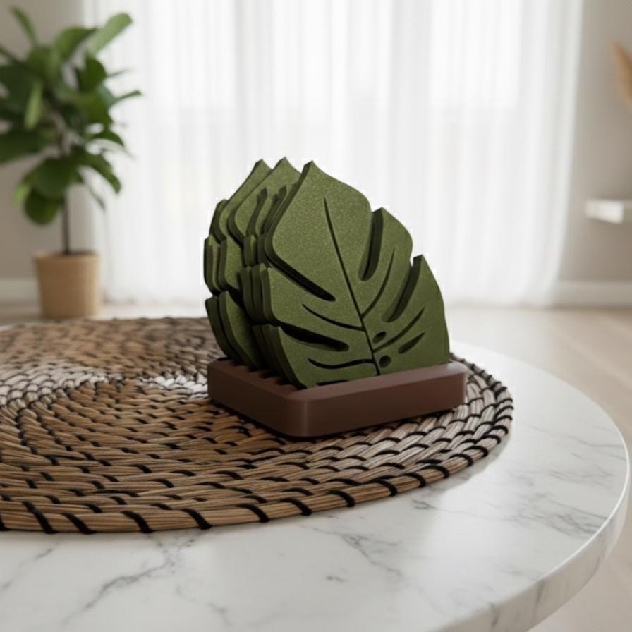 Monstera Leaf Felt Coaster Set | Tropical Decor with Holder | Set of 6