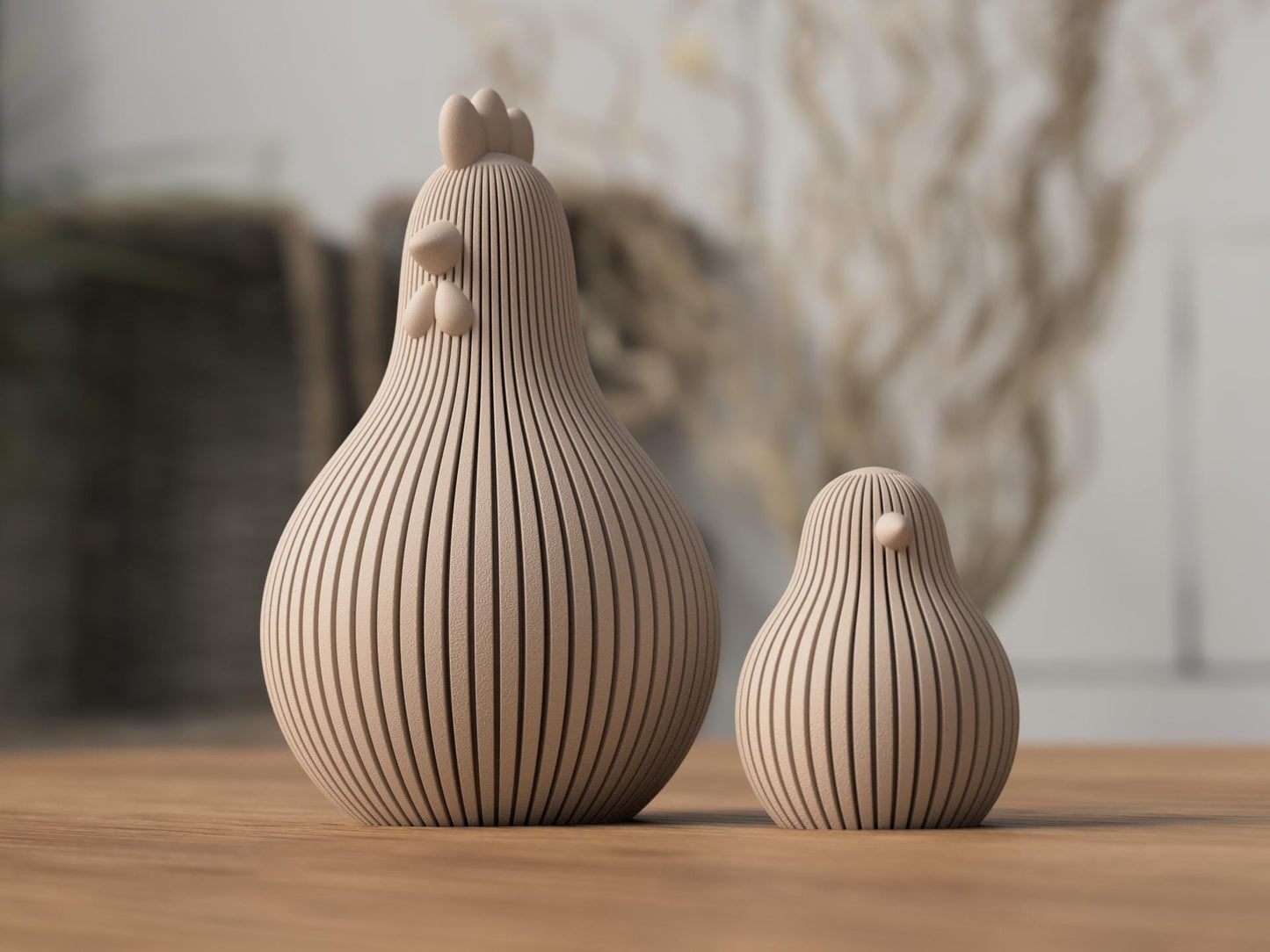 Modern Chicken Sculptures | Minimal Farmhouse Figures | Set of 3 with Tray