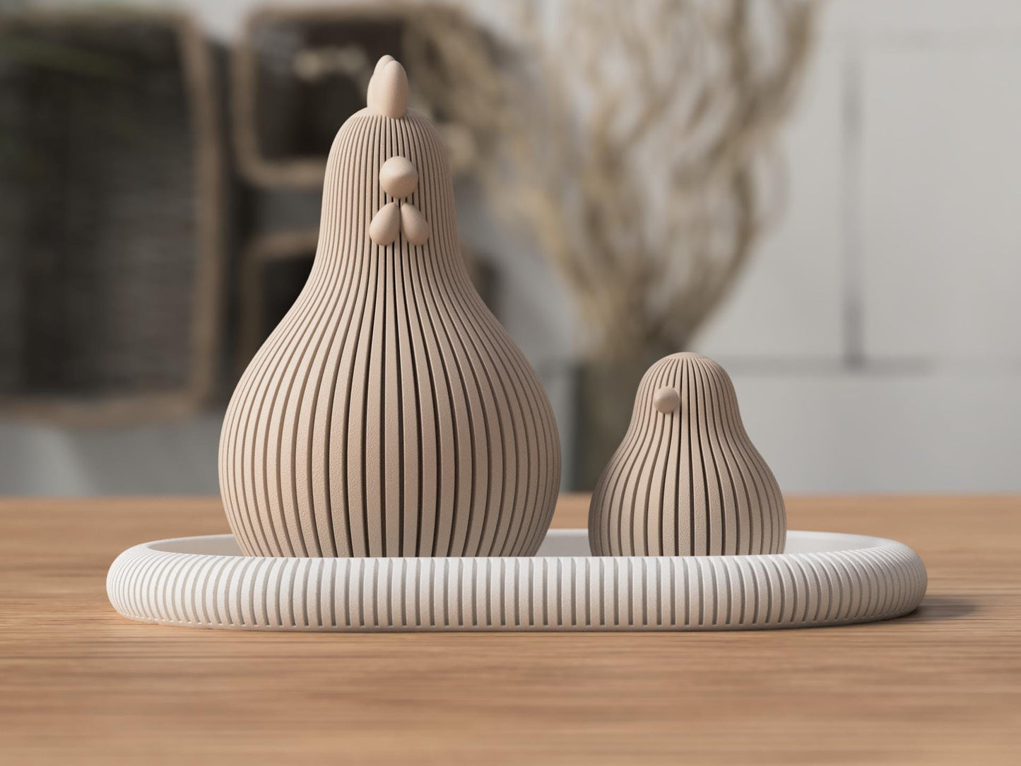 Modern Chicken Sculptures | Minimal Farmhouse Figures | Set of 3 with Tray