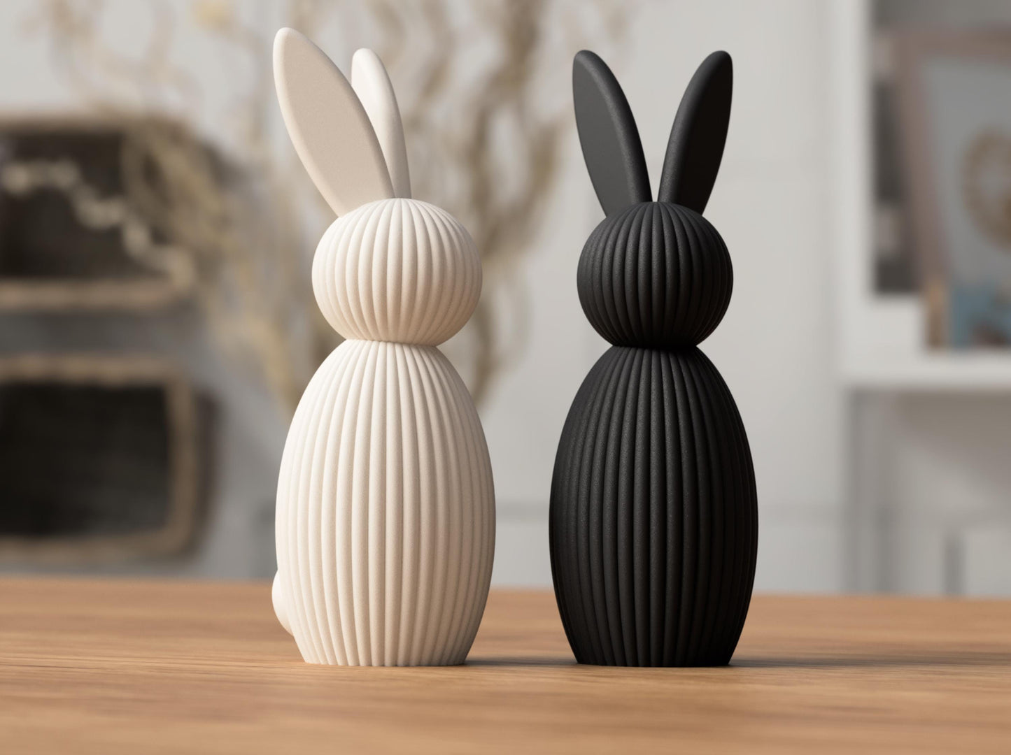 Minimalist Easter Bunny Decor, Modern Rabbit Statue Set, Scandinavian Spring Shelf Decor, Neutral Ribbed Bunny Ornament