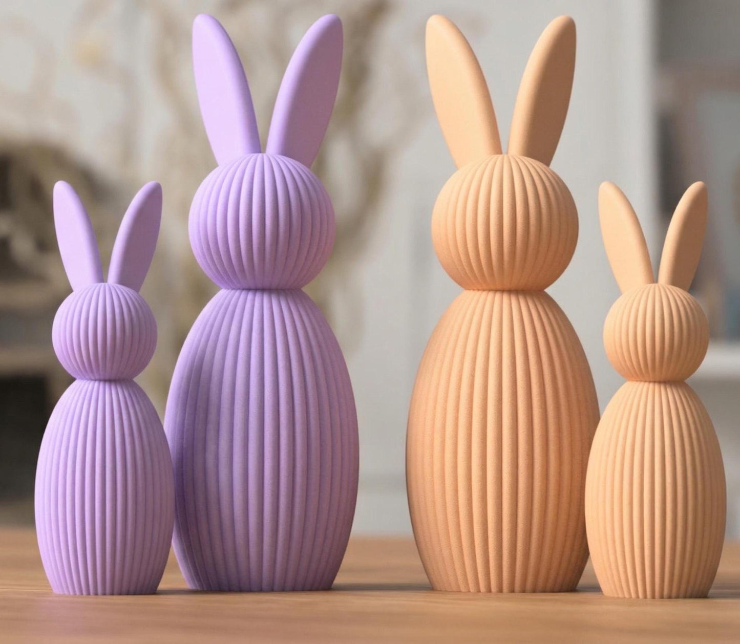 Minimalist Easter Bunny Decor, Modern Rabbit Statue Set, Scandinavian Spring Shelf Decor, Neutral Ribbed Bunny Ornament