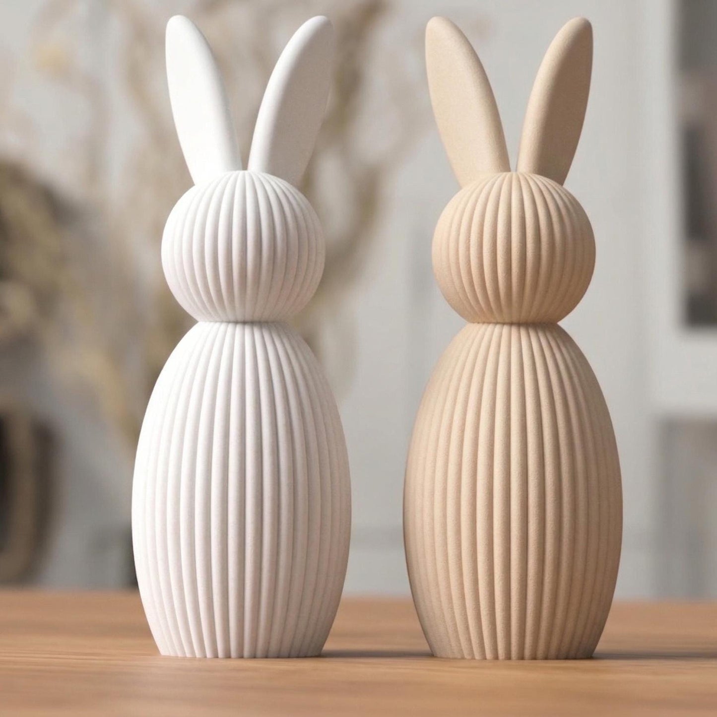 Minimalist Easter Bunny Decor, Modern Rabbit Statue Set, Scandinavian Spring Shelf Decor, Neutral Ribbed Bunny Ornament